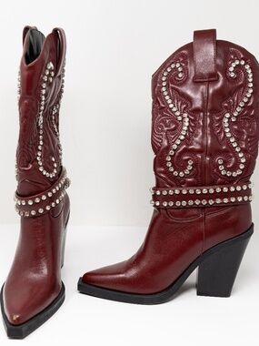 NEW Azalea Wang Umbra Burgundy Faux Leather Crystal Jewel Western Cowboy Booties